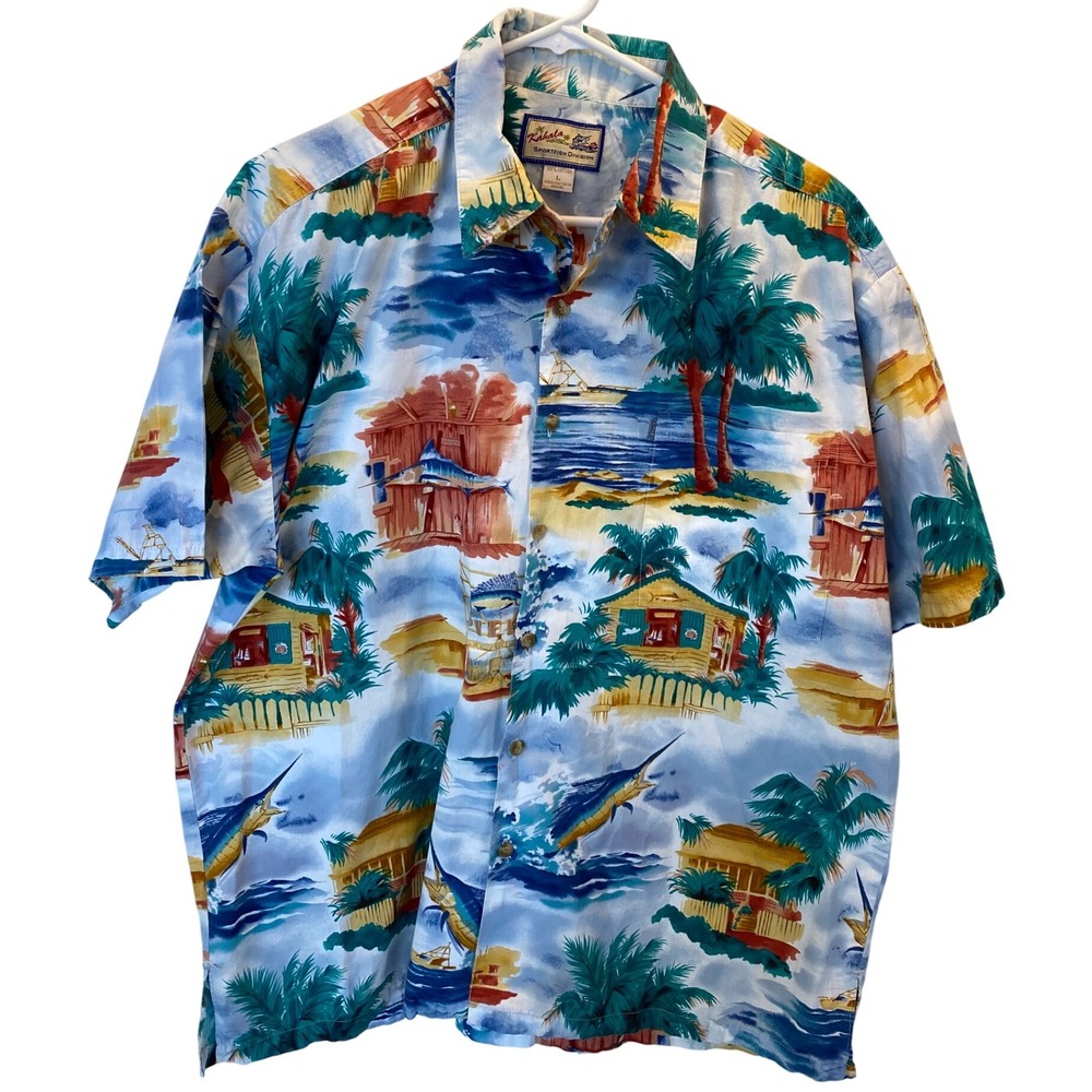 Vintage Kahala Sportfish‎ Division Mens L 100 Cotton Hawaiian Shirt Beach Scene